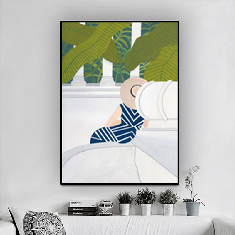 Green Nordic Wrapped Canvas Woman and Scenic Painting Wall Art Print for Bedroom