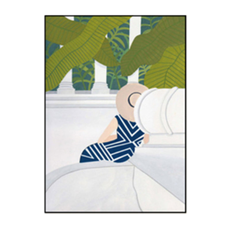 Green Nordic Wrapped Canvas Woman and Scenic Painting Wall Art Print for Bedroom