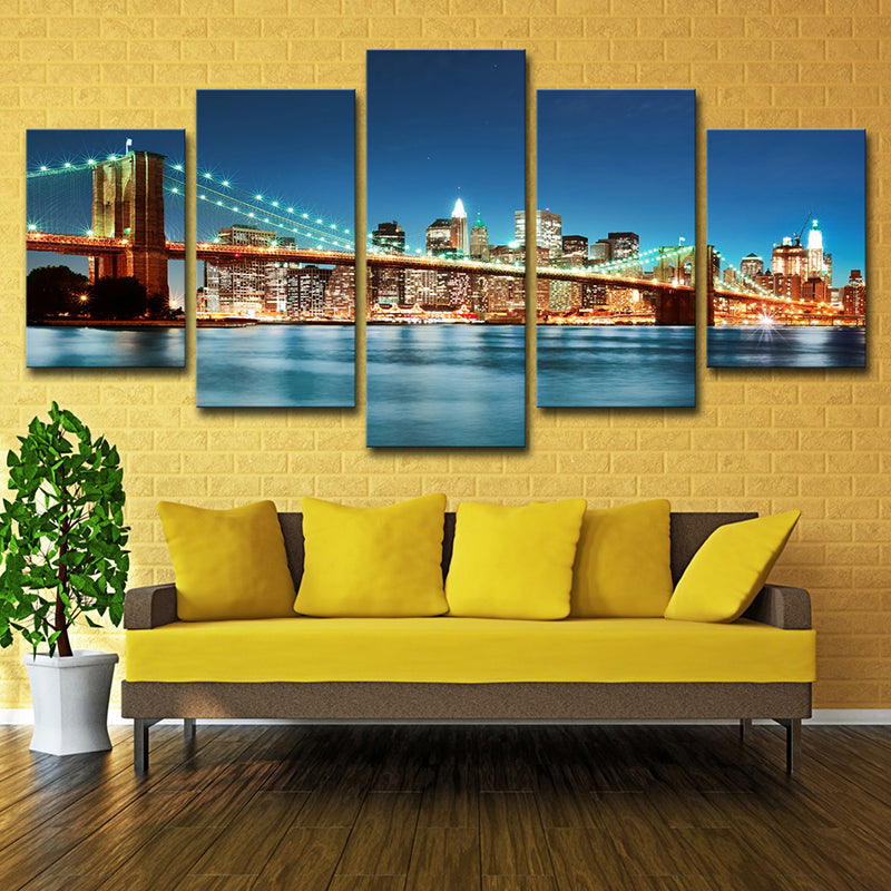 Modern Night Cityscape Wall Art Blue Brooklyn Bridge Canvas Print for Home, Multi-Piece - Blue - Clearhalo - 'Arts' - 'Canvas Art' - 1614152