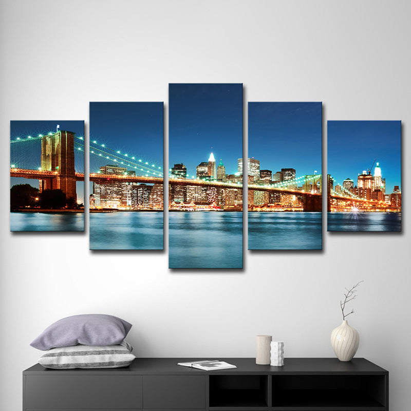 Modern Night Cityscape Wall Art Blue Brooklyn Bridge Canvas Print for Home, Multi-Piece - Clearhalo - 'Arts' - 'Canvas Art' - 1614153