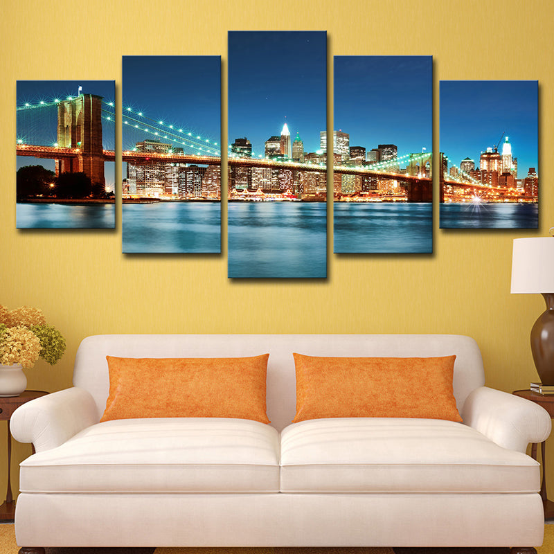 Modern Night Cityscape Wall Art Blue Brooklyn Bridge Canvas Print for Home, Multi-Piece - Clearhalo - 'Arts' - 'Canvas Art' - 1614154