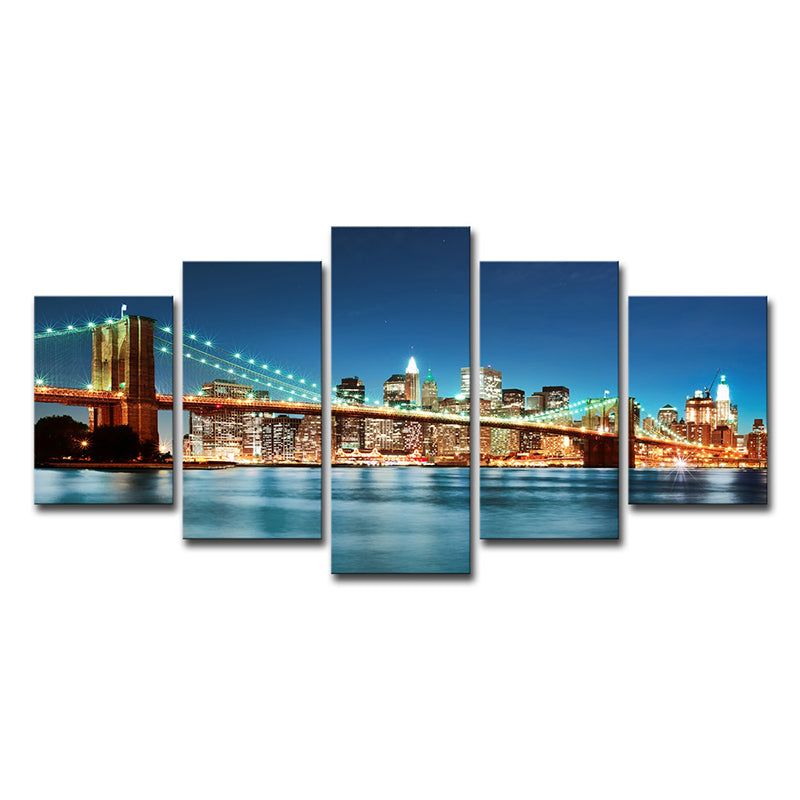 Modern Night Cityscape Wall Art Blue Brooklyn Bridge Canvas Print for Home, Multi-Piece - Clearhalo - 'Arts' - 'Canvas Art' - 1614155