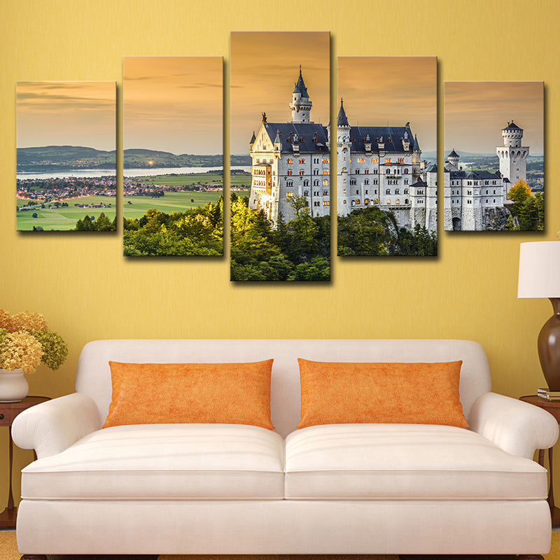 Modern Mansion Sunset Landscape Art Print White Multi-Piece Canvas for Living Room White Clearhalo 'Art Gallery' 'Canvas Art' 'Contemporary Art Gallery' 'Modern' Arts' 1614159