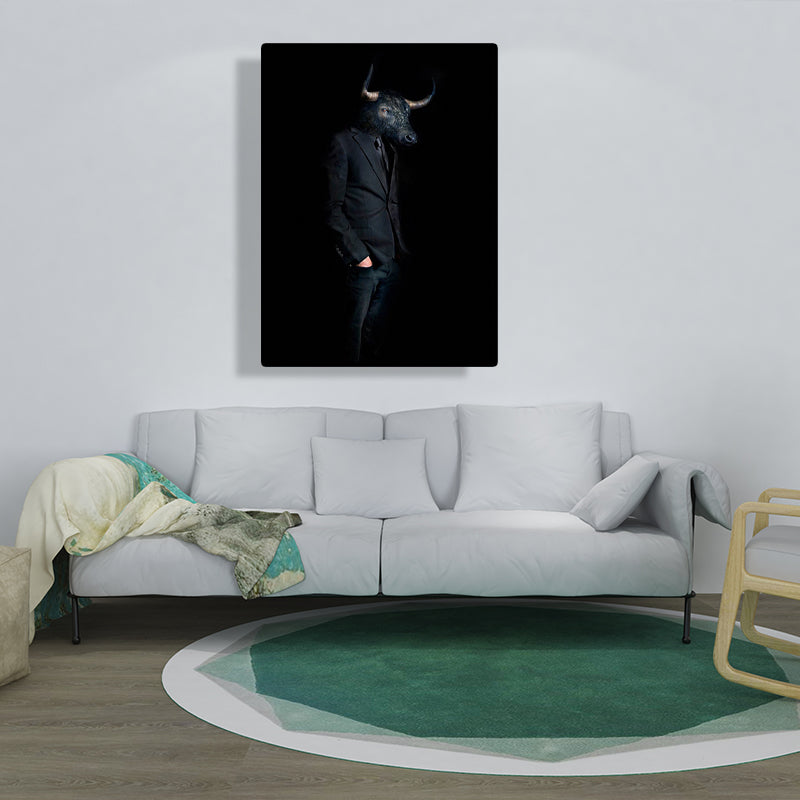 Ox Gentleman Canvas Art Kids Style Textured Wall Decoration in Black for Living Room Clearhalo 'Art Gallery' 'Canvas Art' 'Kids' Arts' 1614202