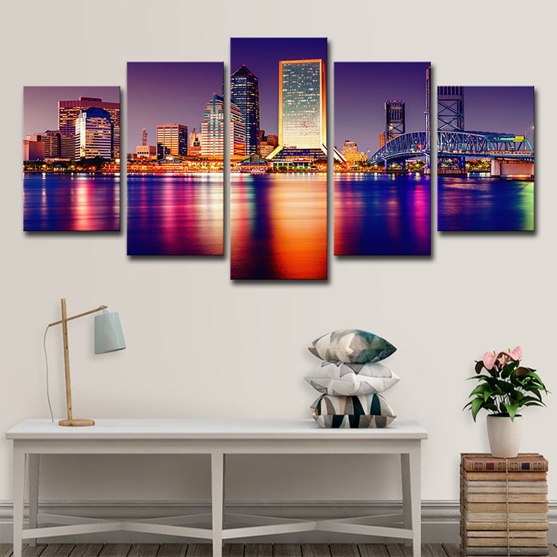 Riverside Skyscrapers Night View Art Print Purple Canvas Wall Decoration, Multi-Piece Clearhalo 'Art Gallery' 'Canvas Art' 'Contemporary Art Gallery' 'Modern' Arts' 1614361