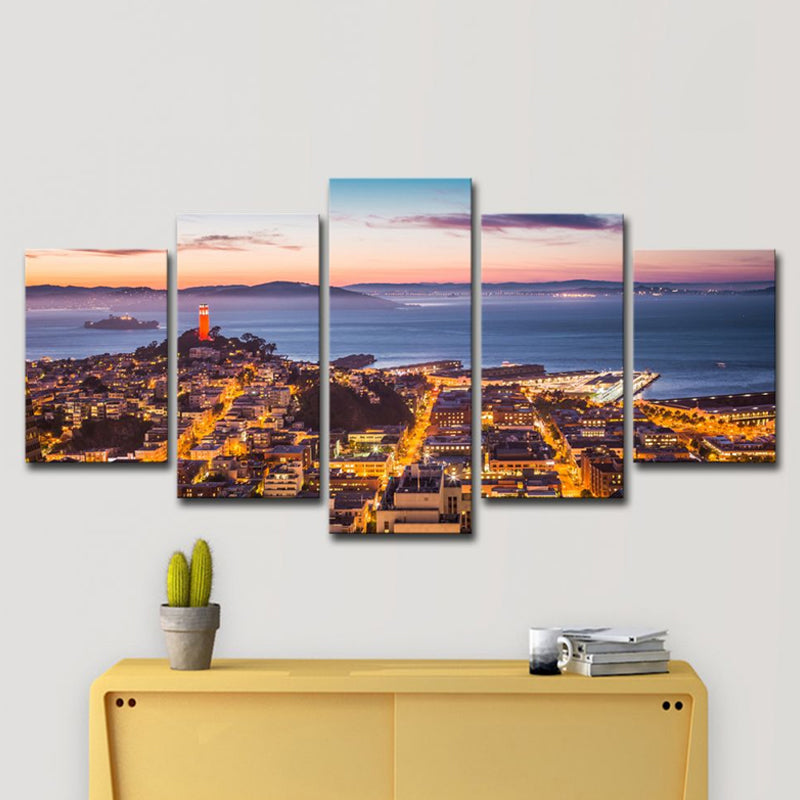 Alcatraz Island Night Scenic Canvas Art Global Inspired Multi-Piece Home Wall Decor in Brown - Clearhalo - 'Arts' - 'Canvas Art' - 1614477