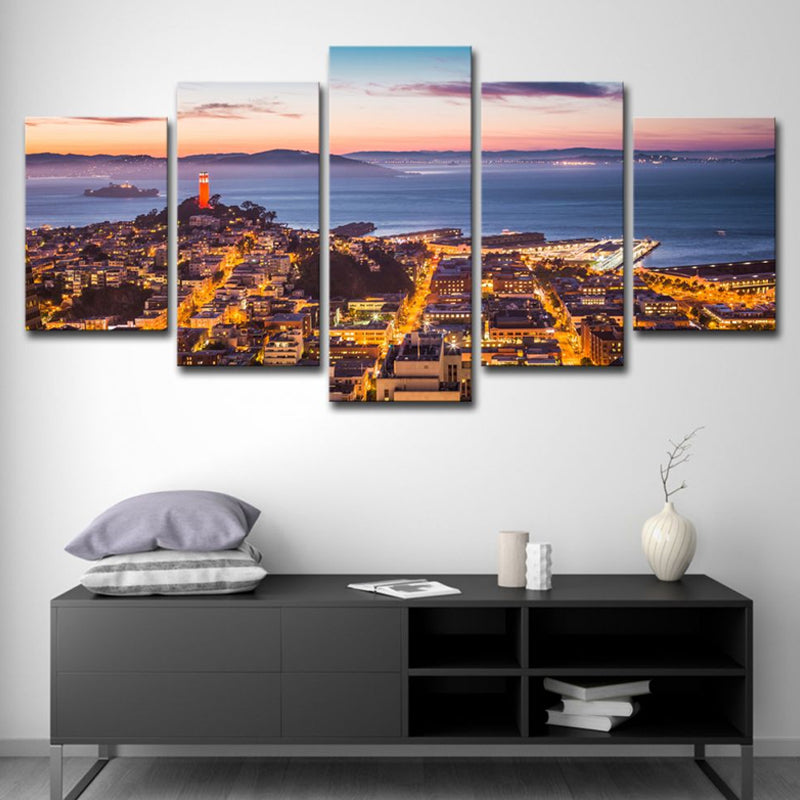 Alcatraz Island Night Scenic Canvas Art Global Inspired Multi-Piece Home Wall Decor in Brown - Clearhalo - 'Arts' - 'Canvas Art' - 1614478