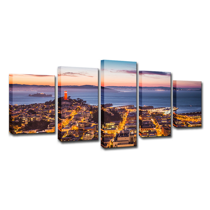 Alcatraz Island Night Scenic Canvas Art Global Inspired Multi-Piece Home Wall Decor in Brown - Clearhalo - 'Arts' - 'Canvas Art' - 1614479