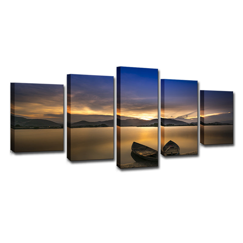 Light Yellow Modern Canvas Print Stranded Boats on the Lake Sunset View Wall Art for Home Clearhalo 'Art Gallery' 'Canvas Art' 'Contemporary Art Gallery' 'Modern' Arts' 1614679