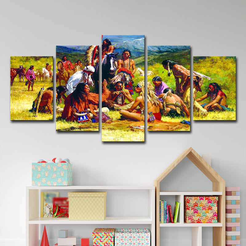 Modern Indians Painting Art Print Canvas Multi-Piece Yellow Wall Decor for Dining Room Yellow Clearhalo 'Art Gallery' 'Canvas Art' 'Contemporary Art Gallery' 'Modern' Arts' 1614955