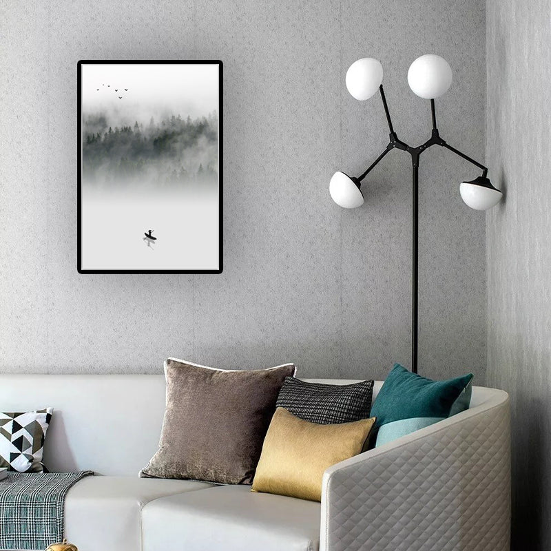 Light-Color Asian Wall Art Boat Floats on Lake by the Foggy Forest Canvas Print for Dining Room - Clearhalo - 'Arts' - 'Canvas Art' - 1616020