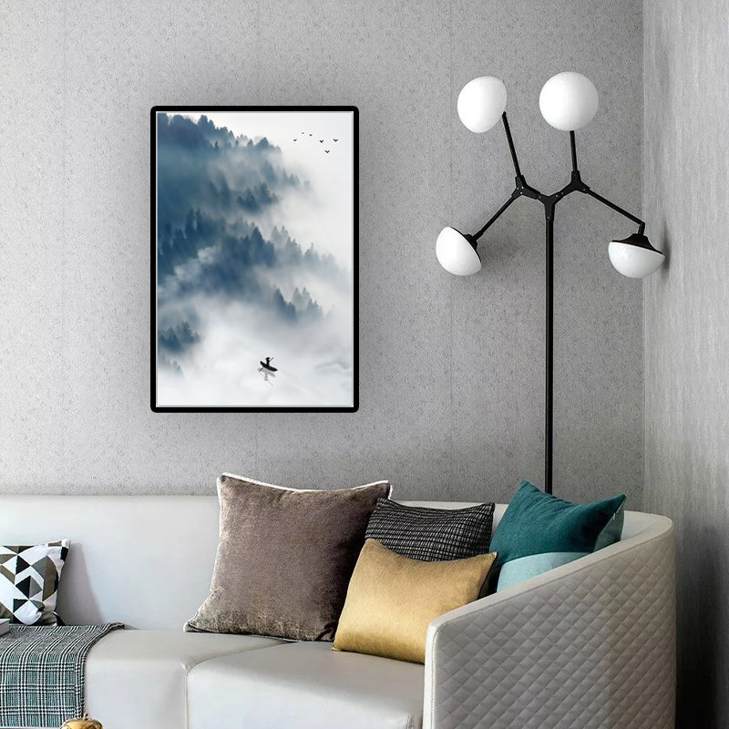 Light-Color Asian Wall Art Boat Floats on Lake by the Foggy Forest Canvas Print for Dining Room - Blue - Clearhalo - 'Arts' - 'Canvas Art' - 1616025