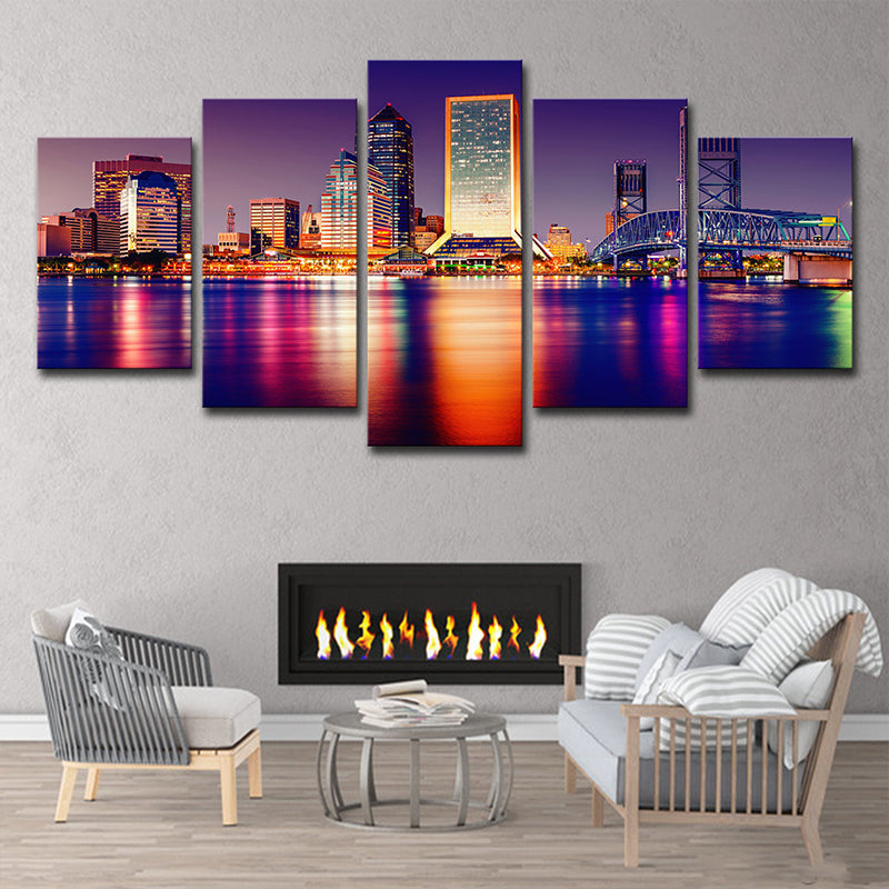 Modern Skyscraper Night Cityscape Canvas Purple Multi-Piece Wall Art Print for Home Clearhalo 'Art Gallery' 'Canvas Art' 'Contemporary Art Gallery' 'Modern' Arts' 1616111