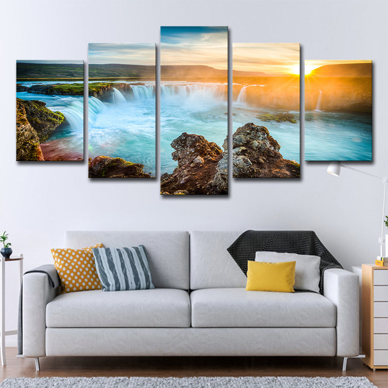 Amazing Iceland Cascades Canvas Art House Interior Sunset Landscape Wall Decor in Blue Blue Clearhalo 'Art Gallery' 'Canvas Art' 'Coastal Art Gallery' 'Tropical' Arts' 1616116