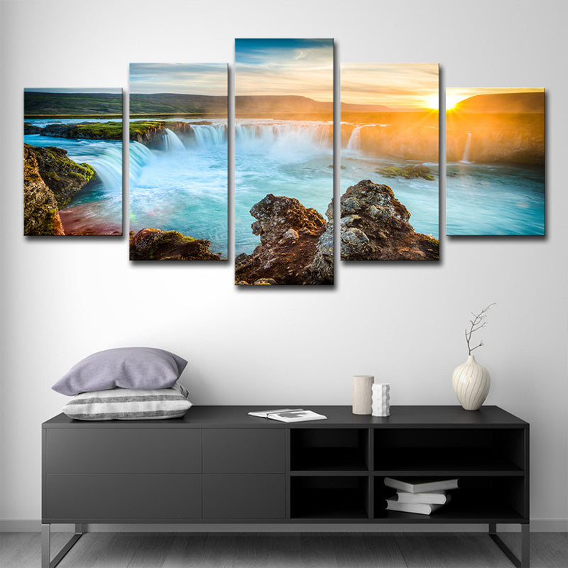Amazing Iceland Cascades Canvas Art House Interior Sunset Landscape Wall Decor in Blue Clearhalo 'Art Gallery' 'Canvas Art' 'Coastal Art Gallery' 'Tropical' Arts' 1616117