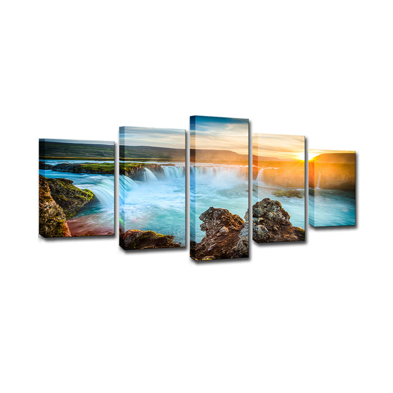 Amazing Iceland Cascades Canvas Art House Interior Sunset Landscape Wall Decor in Blue Clearhalo 'Art Gallery' 'Canvas Art' 'Coastal Art Gallery' 'Tropical' Arts' 1616119