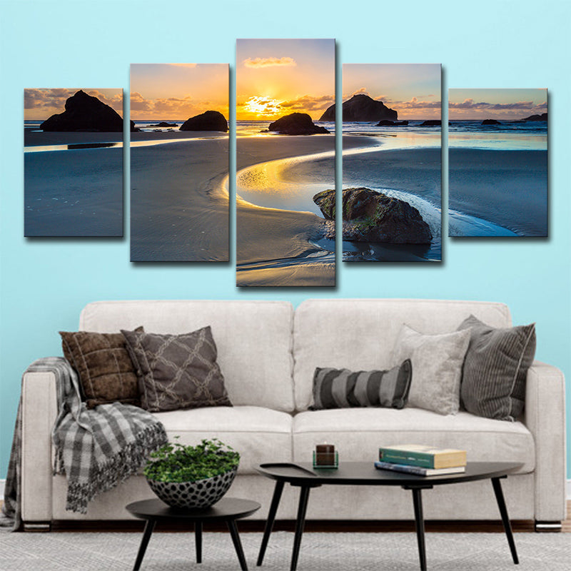 Sundown Rock Seashore Wall Art Yellow Tropical Canvas Print for Sitting Room, Multi-Piece Yellow Clearhalo 'Art Gallery' 'Canvas Art' 'Coastal Art Gallery' 'Nautical' Arts' 1616324