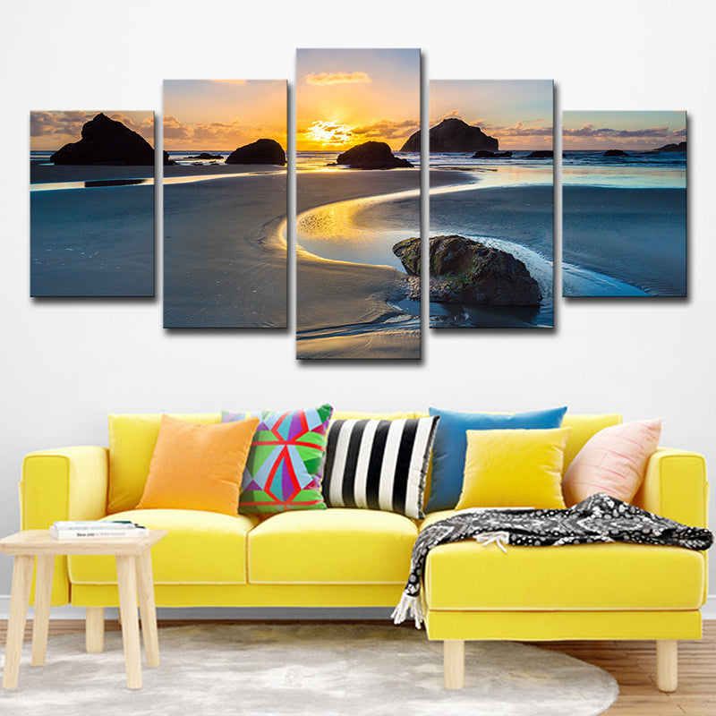 Sundown Rock Seashore Wall Art Yellow Tropical Canvas Print for Sitting Room, Multi-Piece Clearhalo 'Art Gallery' 'Canvas Art' 'Coastal Art Gallery' 'Nautical' Arts' 1616325