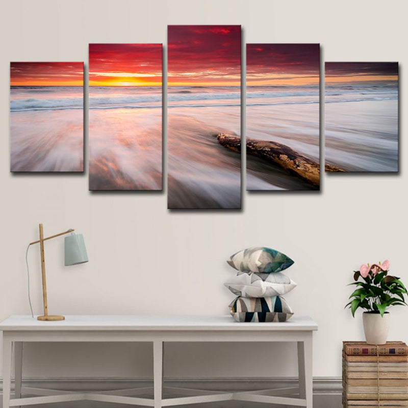 Orange Twilight at Beach Canvas Seascape Modern Multi-Piece Wall Art Print for Bedroom Orange Clearhalo 'Art Gallery' 'Canvas Art' 'Coastal Art Gallery' 'Nautical' Arts' 1616513