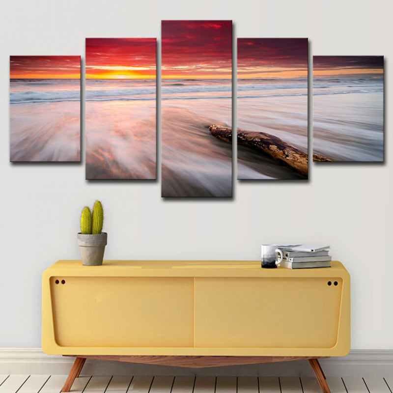 Orange Twilight at Beach Canvas Seascape Modern Multi-Piece Wall Art Print for Bedroom Clearhalo 'Art Gallery' 'Canvas Art' 'Coastal Art Gallery' 'Nautical' Arts' 1616515