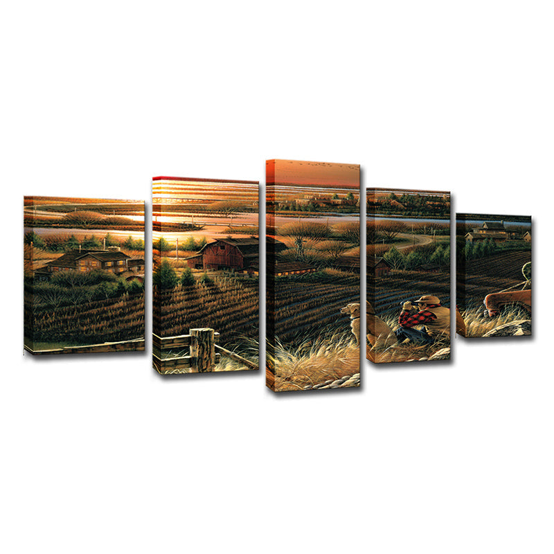 Photo-Print Sunset Farmland Canvas Wall Art for Living Room, Brown, Multiple-Piece Clearhalo 'Art Gallery' 'Canvas Art' 'Contemporary Art Gallery' 'Modern' Arts' 1616565