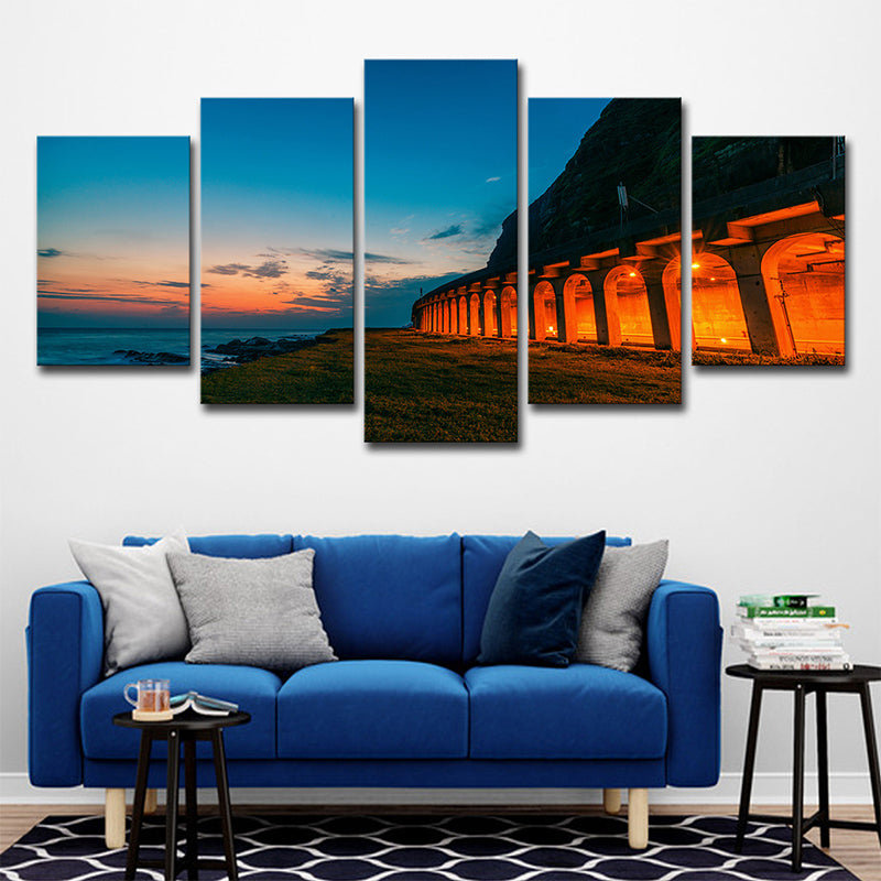 Blue Sunset Landscape Wall Art Decor Arched Architecture Modern Multi-Piece Canvas Blue Clearhalo 'Art Gallery' 'Canvas Art' 'Coastal Art Gallery' 'Nautical' Arts' 1616748