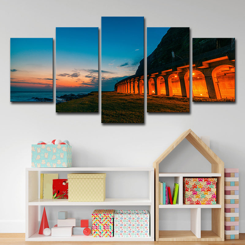 Blue Sunset Landscape Wall Art Decor Arched Architecture Modern Multi-Piece Canvas Clearhalo 'Art Gallery' 'Canvas Art' 'Coastal Art Gallery' 'Nautical' Arts' 1616750