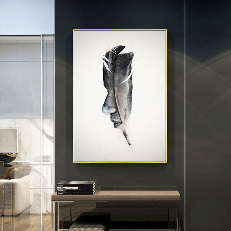 Minimalistic Feather Figure Art Print Canvas Textured Black and White Wall Decor Clearhalo 'Art Gallery' 'Canvas Art' 'Contemporary Art Gallery' 'Contemporary Art' 'Minimalism' 'Minimalist Art Gallery' 'Scandinavian' Arts' 1616777