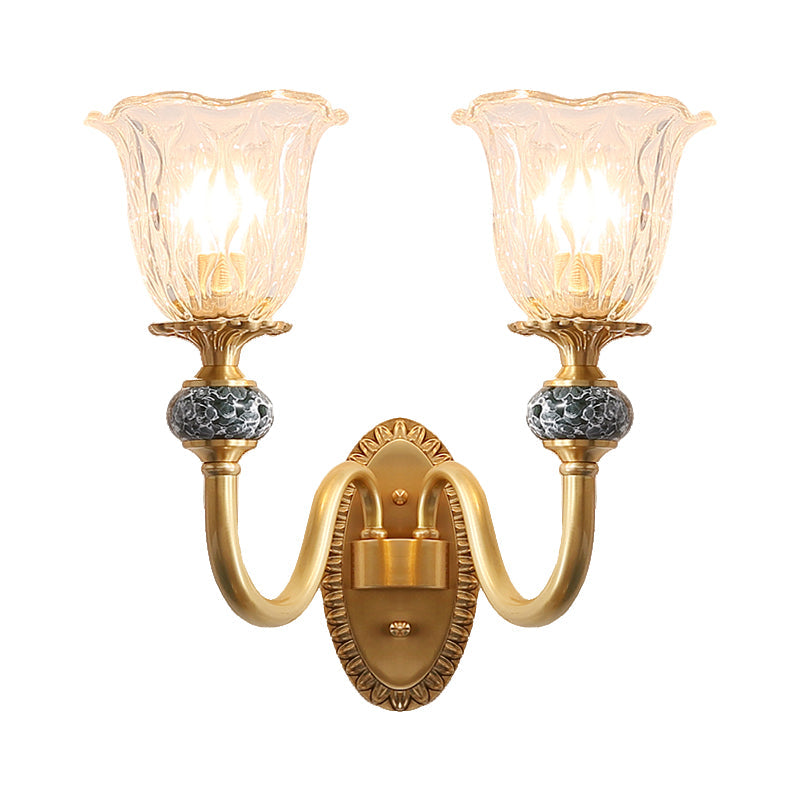 Floral Dining Room Wall Sconce Farmhouse Clear Ribbed Glass 6"/17" W 2 Lights Brass Wall Mounted Lighting Clearhalo 'Wall Lamps & Sconces' 'Wall Lights' Lighting' 1616916