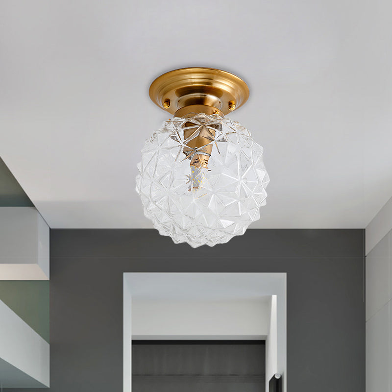 Pine Cone Hallway Ceiling Lamp Countryside Blue/Clear/Smoke Gray Prismatic Glass 1-Head Brass Flush Mount Light Clear Clearhalo 'Ceiling Lights' 'Close To Ceiling Lights' 'Close to ceiling' 'Flush mount' Lighting' 1616939