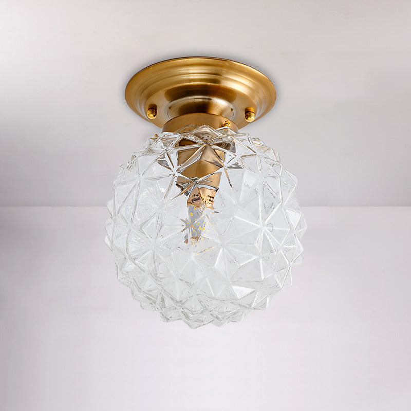 Pine Cone Hallway Ceiling Lamp Countryside Blue/Clear/Smoke Gray Prismatic Glass 1-Head Brass Flush Mount Light Clearhalo 'Ceiling Lights' 'Close To Ceiling Lights' 'Close to ceiling' 'Flush mount' Lighting' 1616940