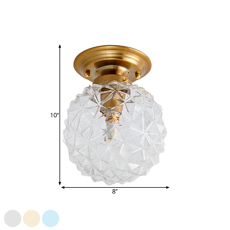 Pine Cone Hallway Ceiling Lamp Countryside Blue/Clear/Smoke Gray Prismatic Glass 1-Head Brass Flush Mount Light Clearhalo 'Ceiling Lights' 'Close To Ceiling Lights' 'Close to ceiling' 'Flush mount' Lighting' 1616942