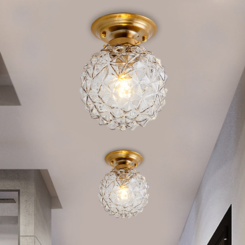 Pine Cone Hallway Ceiling Lamp Countryside Blue/Clear/Smoke Gray Prismatic Glass 1-Head Brass Flush Mount Light Clearhalo 'Ceiling Lights' 'Close To Ceiling Lights' 'Close to ceiling' 'Flush mount' Lighting' 1616945