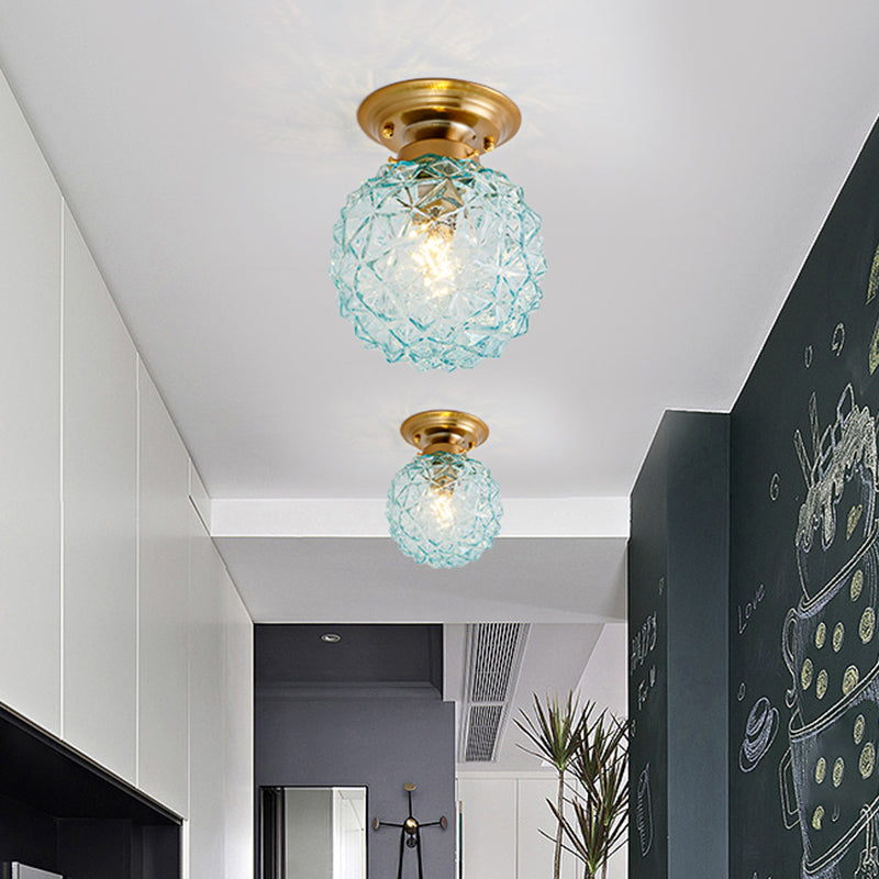 Pine Cone Hallway Ceiling Lamp Countryside Blue/Clear/Smoke Gray Prismatic Glass 1-Head Brass Flush Mount Light Blue Clearhalo 'Ceiling Lights' 'Close To Ceiling Lights' 'Close to ceiling' 'Flush mount' Lighting' 1616947