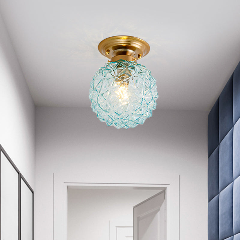Pine Cone Hallway Ceiling Lamp Countryside Blue/Clear/Smoke Gray Prismatic Glass 1-Head Brass Flush Mount Light Clearhalo 'Ceiling Lights' 'Close To Ceiling Lights' 'Close to ceiling' 'Flush mount' Lighting' 1616948