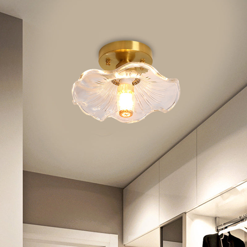 Single Bulb Ceiling Fixture Classic Cone/Lotus Leaf/Floral Clear Fluted/Lattice Glass Flush Mount Lighting in Brass, 7.5"/8"/9" Wide Brass 9" Clearhalo 'Ceiling Lights' 'Close To Ceiling Lights' 'Close to ceiling' 'Flush mount' Lighting' 1617055