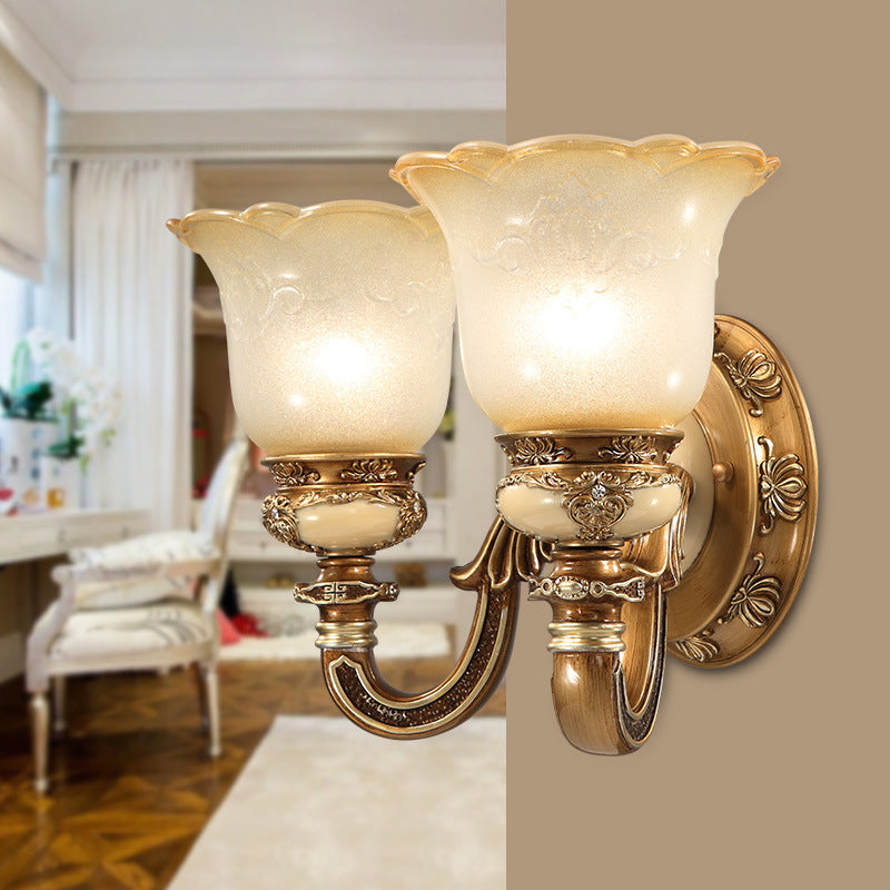 Flower Shape Bedroom Wall Sconce Rustic Milky Glass 1/2-Head Brown Swooping Arm Wall Mounted Light Fixture 2.0 Brown Clearhalo 'Wall Lamps & Sconces' 'Wall Lights' Lighting' 1617109