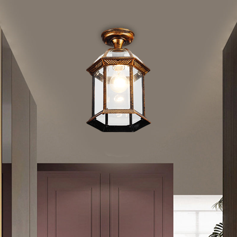 Clear Glass Black/Brass Ceiling Flush Lantern Cage Single Bulb Traditional Semi Mount Lighting, 8"/9.5" Wide Brass Clearhalo 'Ceiling Lights' 'Close To Ceiling Lights' 'Close to ceiling' 'Glass shade' 'Glass' 'Semi-flushmount' Lighting' 1617162