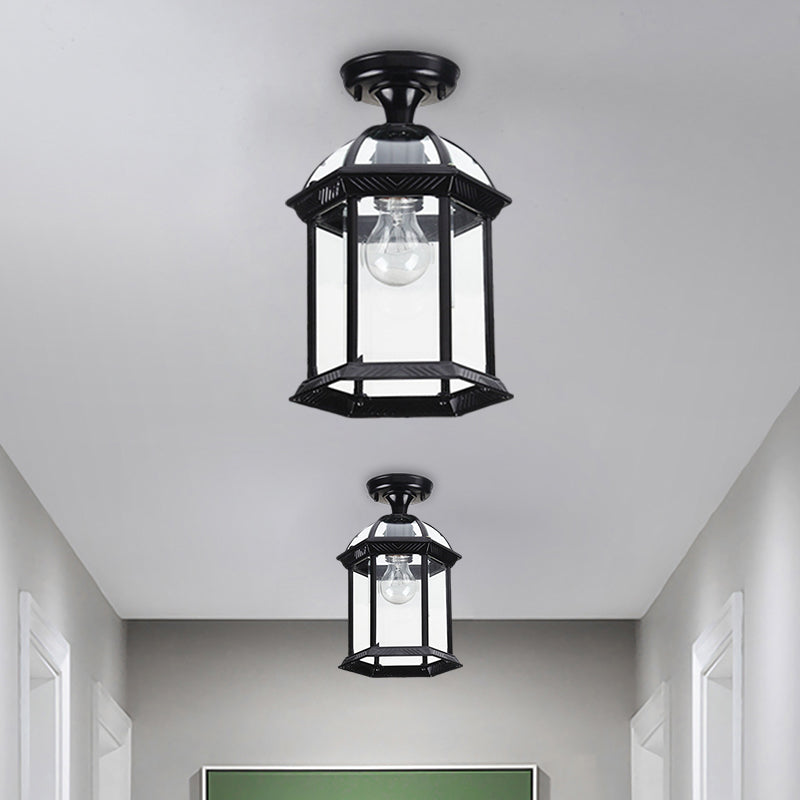 Clear Glass Black/Brass Ceiling Flush Lantern Cage Single Bulb Traditional Semi Mount Lighting, 8"/9.5" Wide Clearhalo 'Ceiling Lights' 'Close To Ceiling Lights' 'Close to ceiling' 'Glass shade' 'Glass' 'Semi-flushmount' Lighting' 1617168