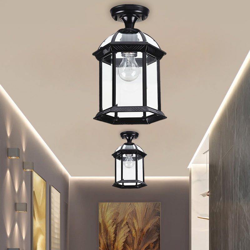 Clear Glass Black/Brass Ceiling Flush Lantern Cage Single Bulb Traditional Semi Mount Lighting, 8"/9.5" Wide Clearhalo 'Ceiling Lights' 'Close To Ceiling Lights' 'Close to ceiling' 'Glass shade' 'Glass' 'Semi-flushmount' Lighting' 1617169