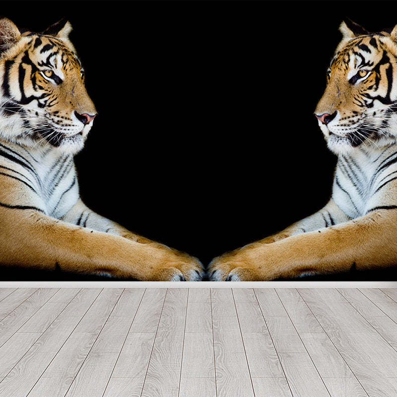 Contemporary Tiger Twins Wall Mural Black Decorative Wall Covering for Living Room Black Clearhalo 'Wall Decor' 'Wall Mural' 1617198