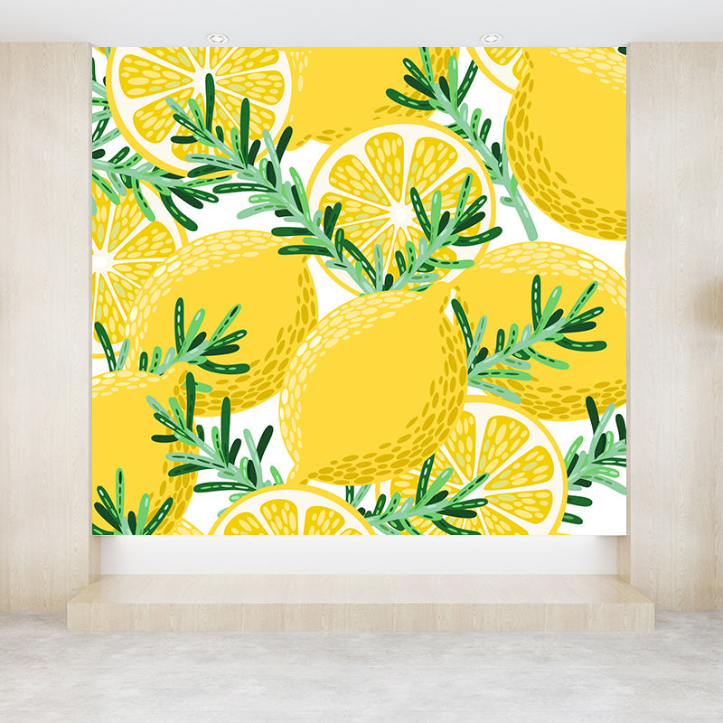 Non-Woven Decorative Wall Mural Modern Lemons and Leaves Wall Covering for Bathroom Clearhalo 'Wall Decor' 'Wall Mural' 1617241