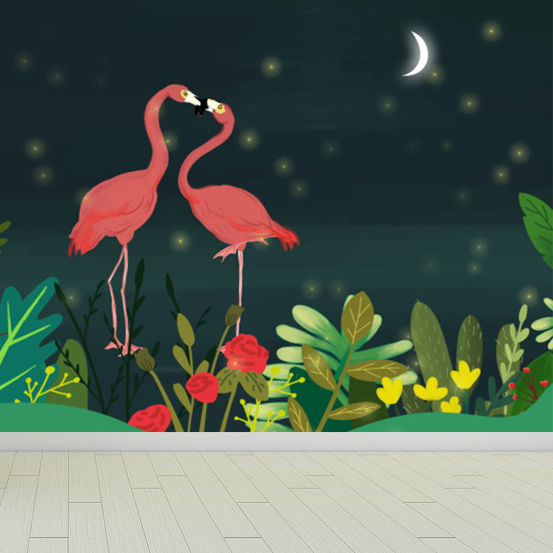 Illustration Style Flamingo Mural Giant Wall Covering for Dining Room, Made to Measure Clearhalo 'Wall Decor' 'Wall Mural' 1617271