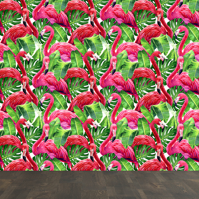 Flamingo and Leaves Wall Mural Tropical Decorative Girls Room Wall Covering, Custom Clearhalo 'Wall Decor' 'Wall Mural' 1617454