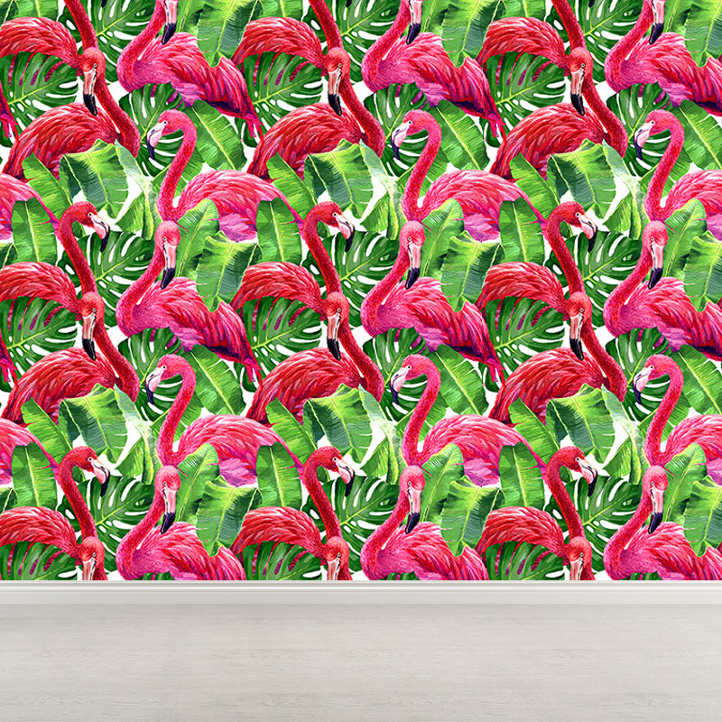 Flamingo and Leaves Wall Mural Tropical Decorative Girls Room Wall Covering, Custom Clearhalo 'Wall Decor' 'Wall Mural' 1617455