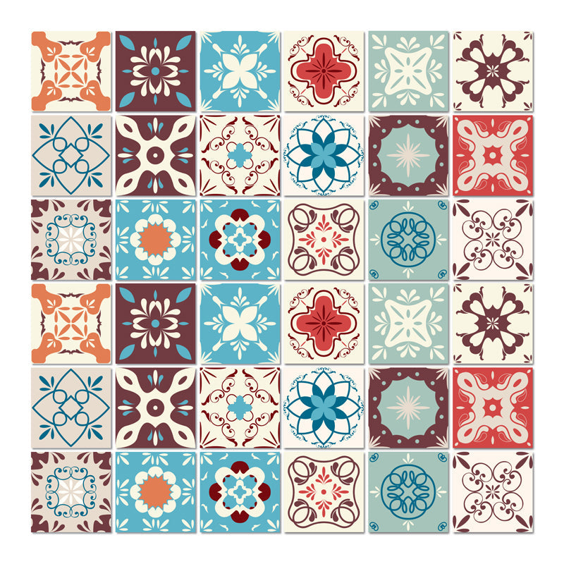 Flowers Wallpaper Panel Set Boho Exotic Mosaic Tile Peel Wall Covering in Blue, 3.5' L x 3.5" W Clearhalo 'Wall Decor' 'Wallpaper' 1618196