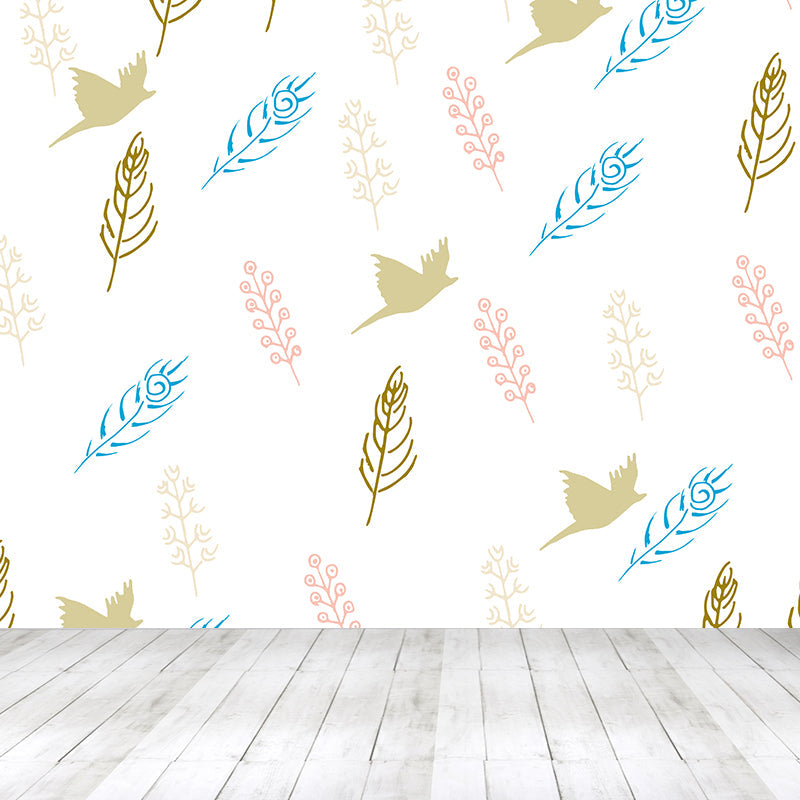 Giant Contemporary Wall Mural in Light Color Birds and Feathers Wall Decor, Custom Printed Clearhalo 'Wall Decor' 'Wall Mural' 1618572