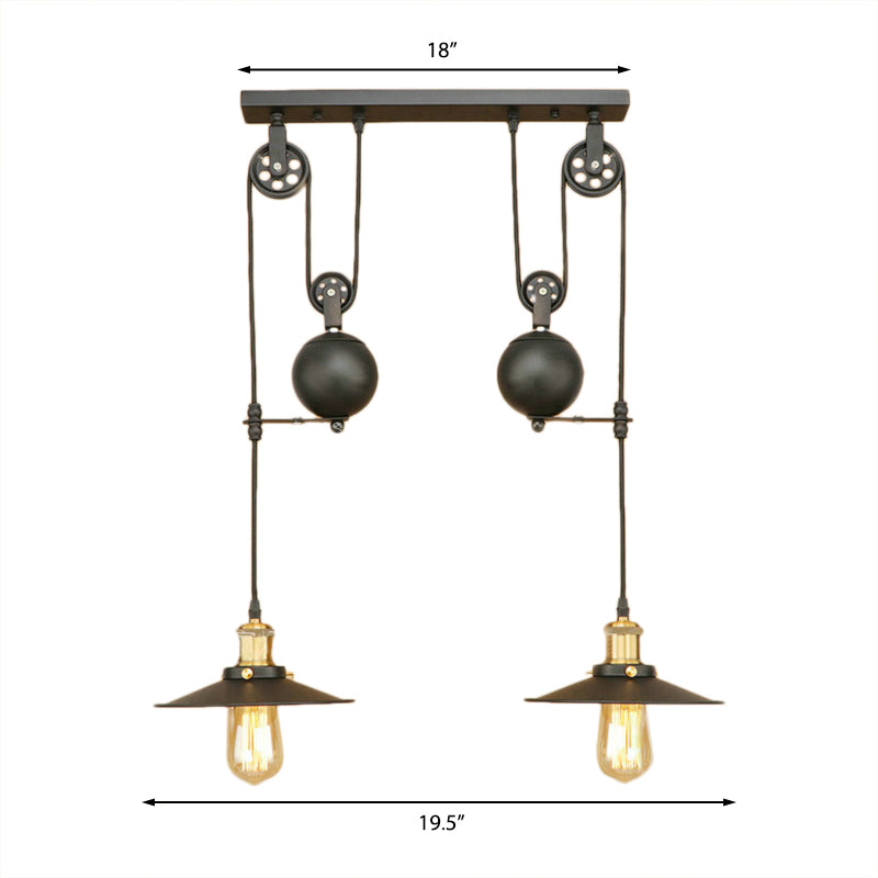 Wrought Iron Black Finish Pendant Light Fixture Flat Shade 2 Bulbs Antique Style Ceiling Light for Living Room Clearhalo 'Art Deco Pendants' 'Black' 'Cast Iron' 'Ceiling Lights' 'Ceramic' 'Crystal' 'Industrial Pendants' 'Industrial' 'Metal' 'Middle Century Pendants' 'Pendant Lights' 'Pendants' 'Rustic Pendants' 'Tiffany' Lighting' 161884