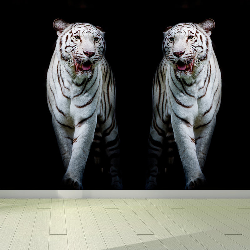 Modern Tigers Mural Wallpaper for Girls Bedroom Full Size Wall Covering in Black Clearhalo 'Wall Decor' 'Wall Mural' 1618983