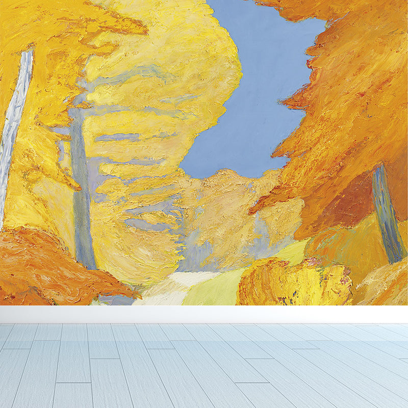 Fall Forest and Path Mural Modern Art Non-Woven Material Wall Covering in Yellow Yellow Clearhalo 'Wall Decor' 'Wall Mural' 1619161